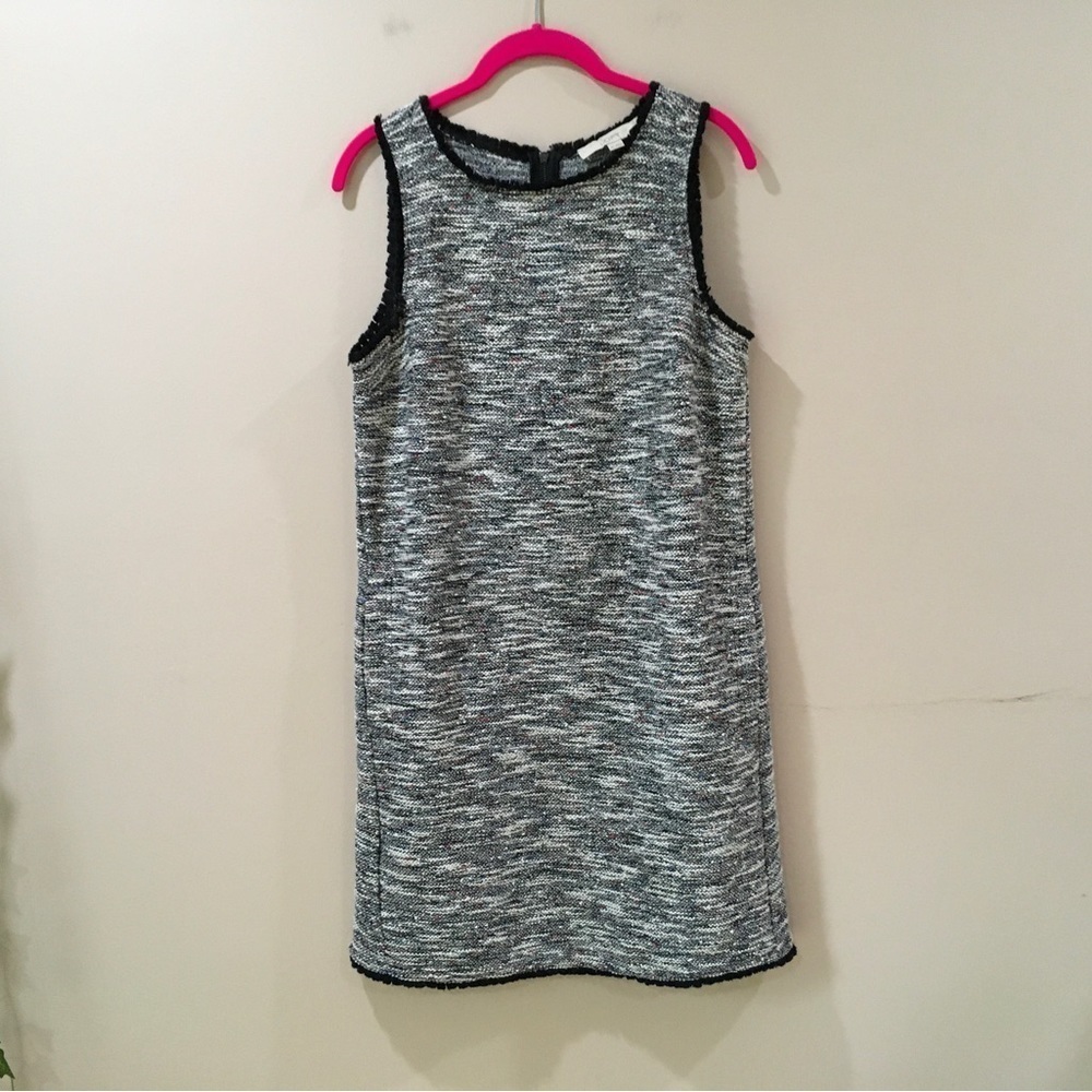 Loft tweed black white shift dress crew neck sleeveless petite m
